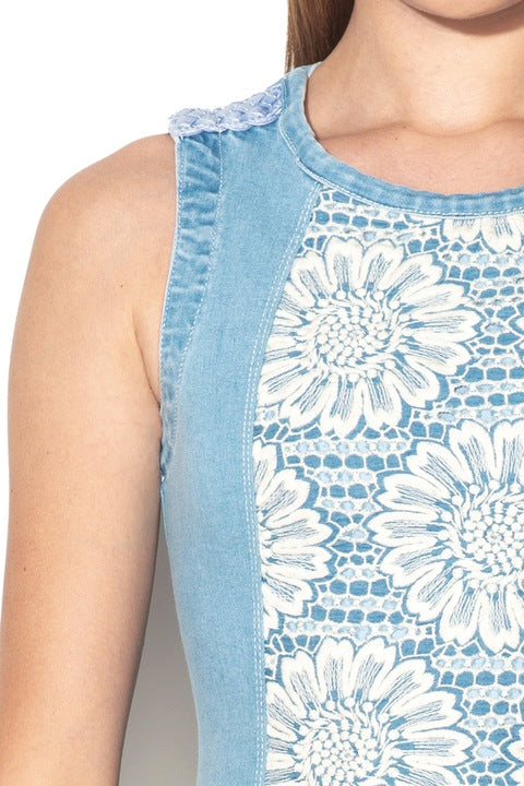 Desigual Women's cotton denim dress, blue with flower embroidery