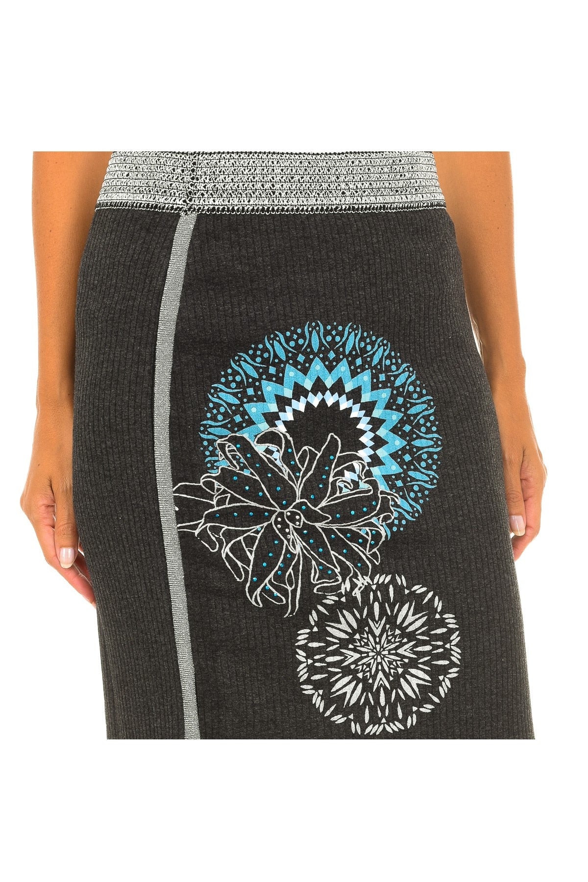 Desigual Women's elastic straight skirt, gray with embroidery