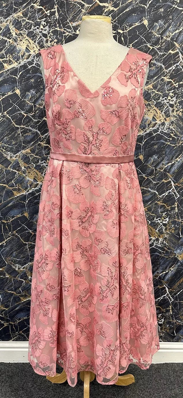 Vera Mont Women's evening handmade dress, pink with floral lace