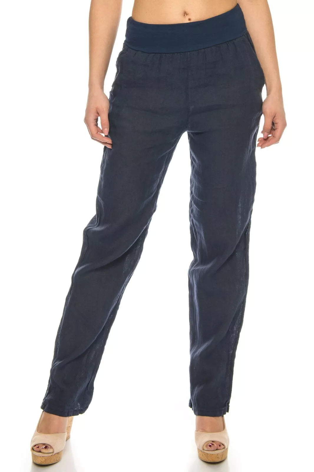 Women's wide-leg linen trousers, dark blue