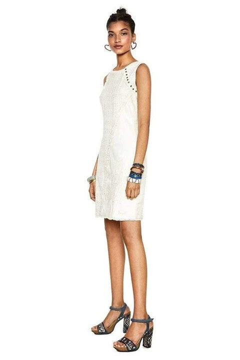 Desigual Women's Amparo dress with embroidery and metal eyelets, ecru/white
