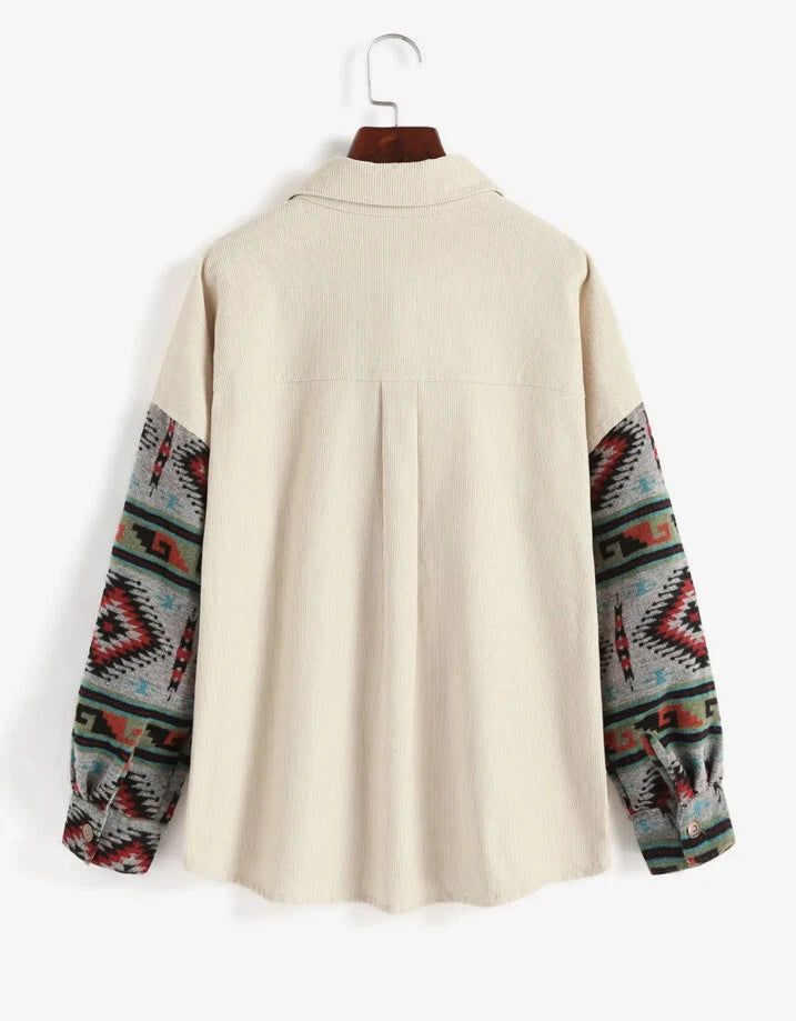 Дамска памучна риза с етно мотиви ZAFUL, бежова