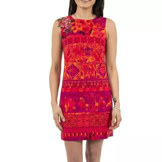 Desigual Women's short cotton dress Ignacio, red with floral print