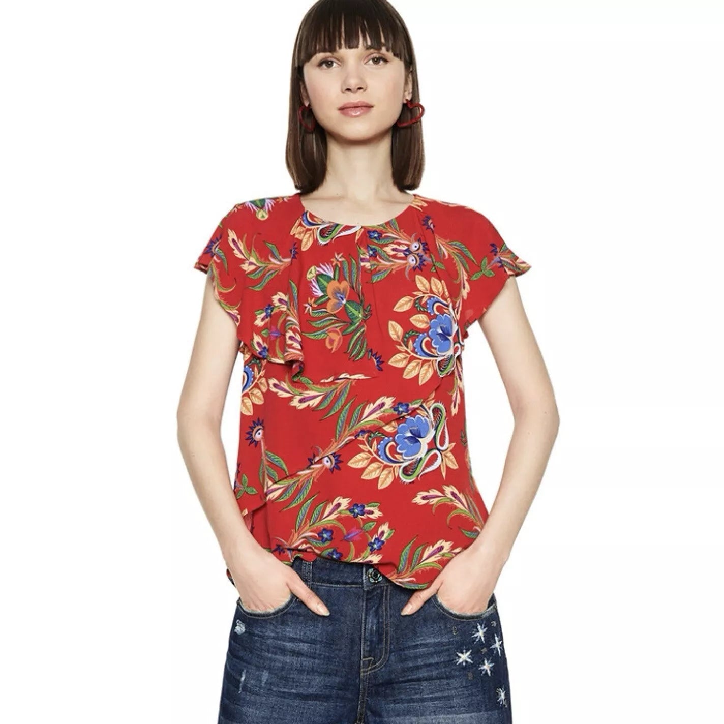 Desigual Дамска лятна блуза с асиметрична яка. червена с принт цветя