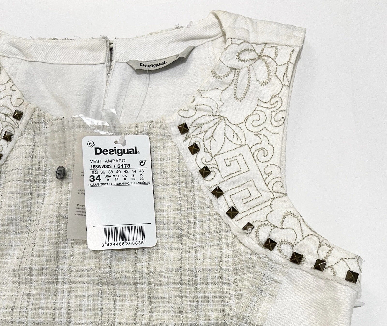 Desigual Women's Amparo dress with embroidery and metal eyelets, ecru/white