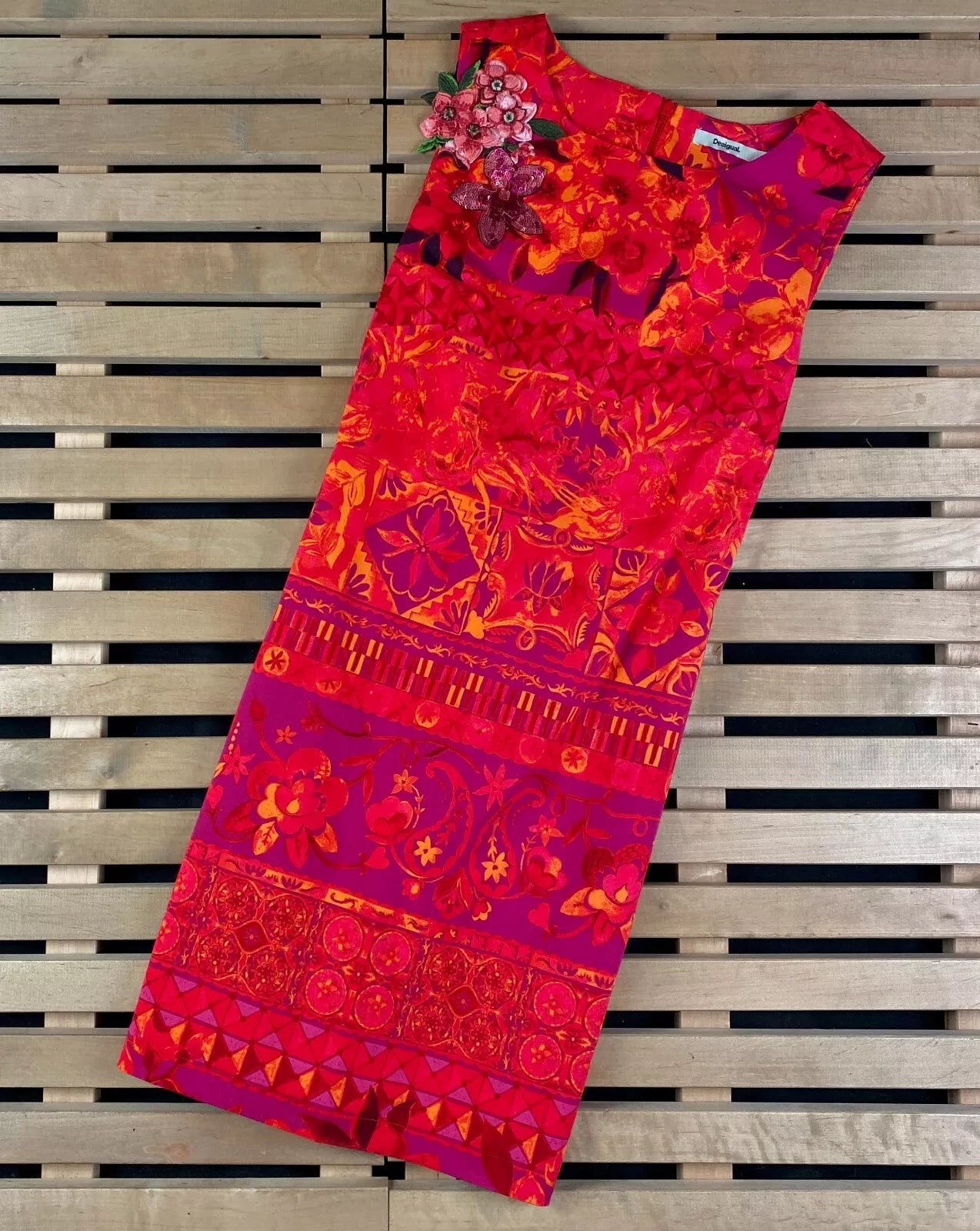 Desigual Women's short cotton dress Ignacio, red with floral print