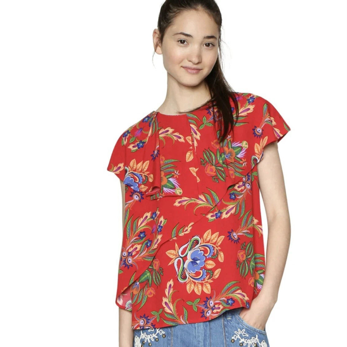 Desigual Дамска лятна блуза с асиметрична яка. червена с принт цветя