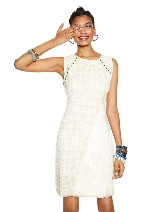 Desigual Women's Amparo dress with embroidery and metal eyelets, ecru/white