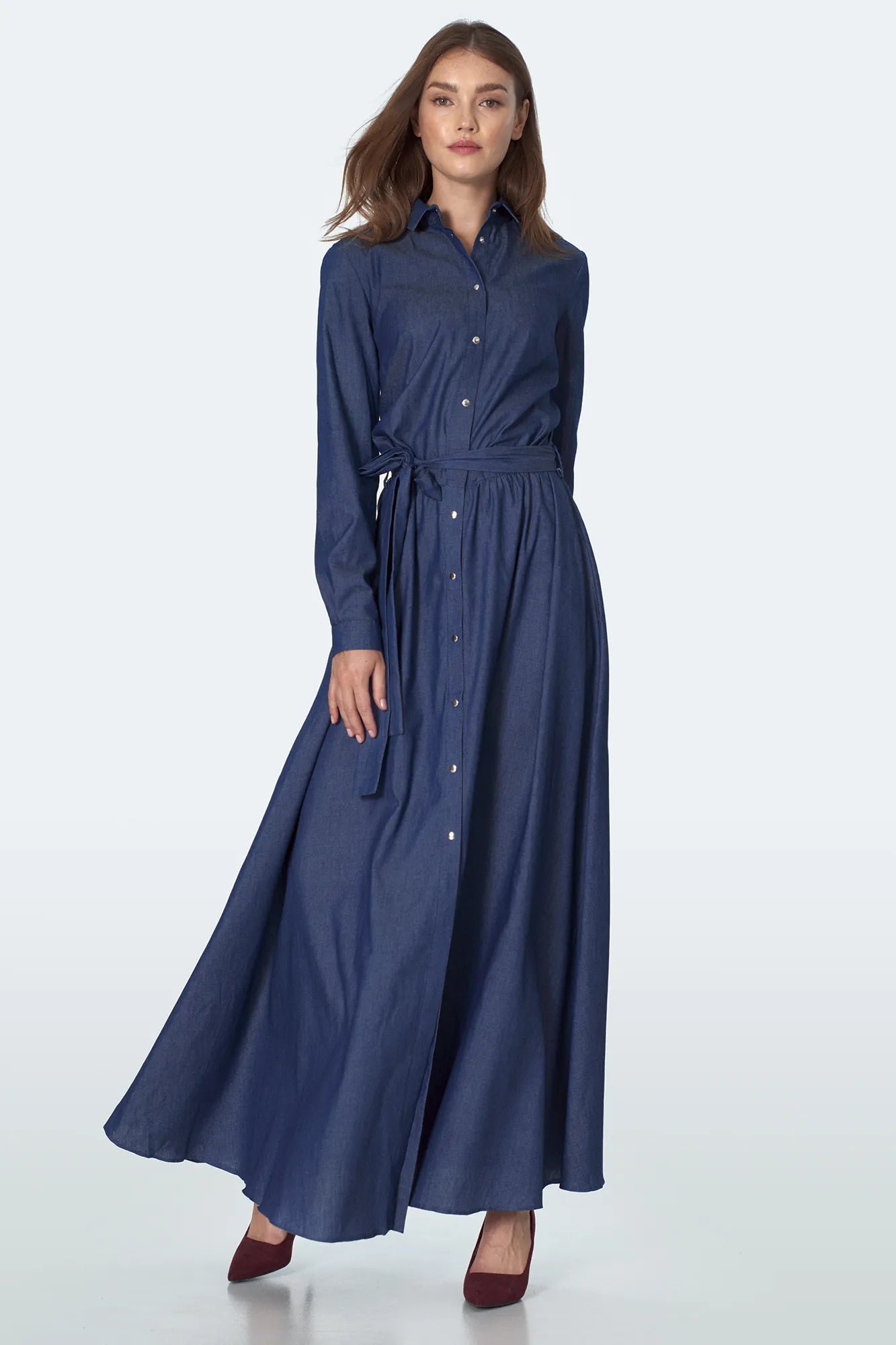 Nife Women's cotton denim long dress, blue