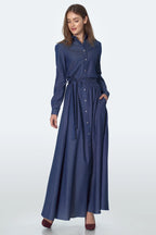 Nife Women's cotton denim long dress, blue