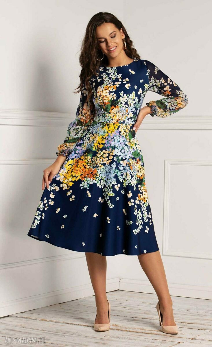 Women's dress Aniela Jowita, blue with flowers