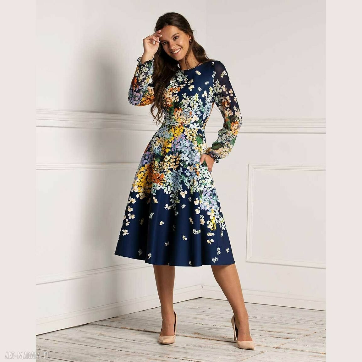 Women's dress Aniela Jowita, blue with flowers
