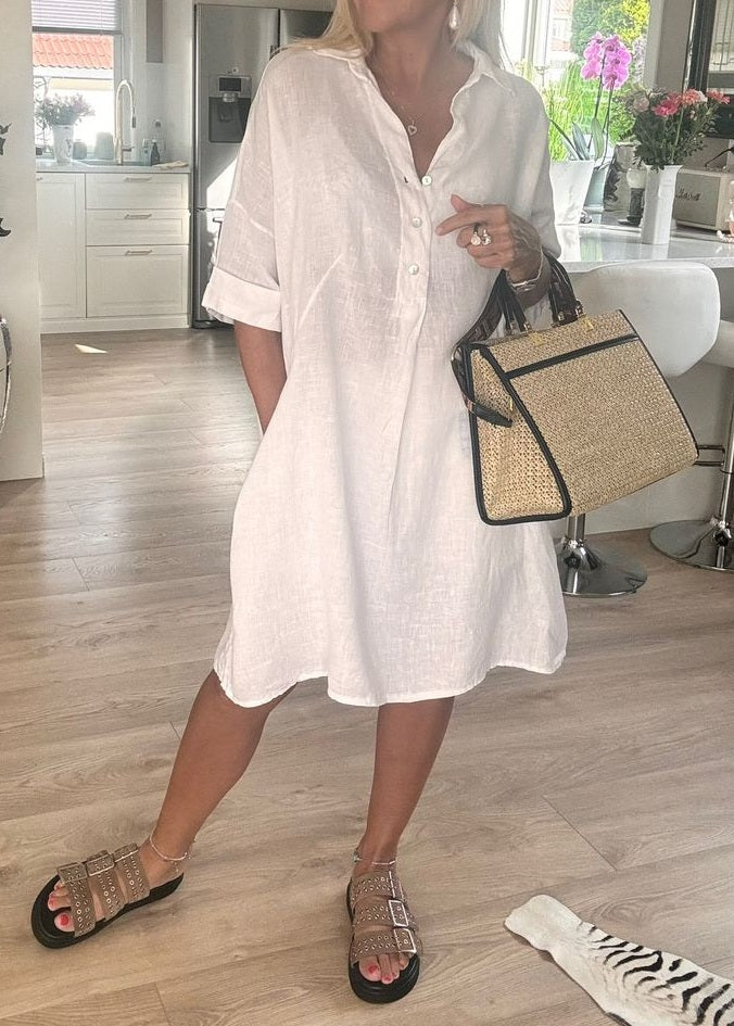Women's linen tunic with short sleeves, white