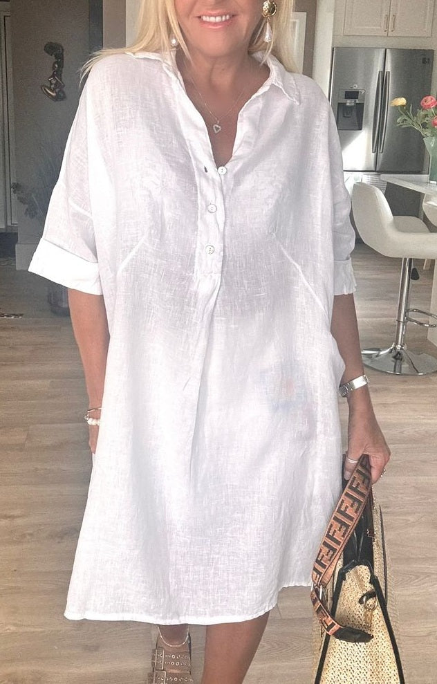 Women's linen tunic with short sleeves, white