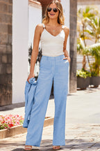 Escada Women's linen and cotton trousers with Swarovski stones, light blue