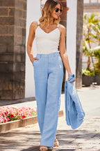 Escada Women's linen and cotton trousers with Swarovski stones, light blue